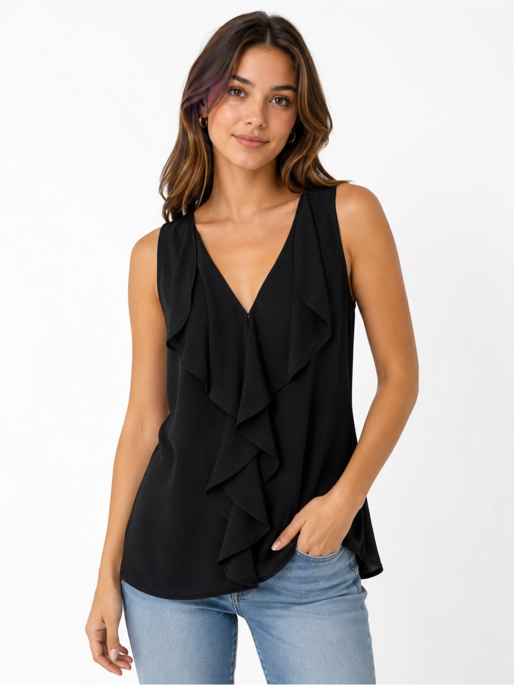White House Black Market Black Ruffle V-Neck Sleeveless Camisole Top